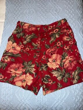 Ralph Lauren Red Floral Shorts with Peach Blooms